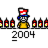 Animated contact sheet of a 2004-era cartoon character with red-and-white striped hat, yellow body, and black stick-figure limbs performing sequential actions against gray background.