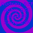 Four identical spiral patterns in purple and blue arranged in a with repeating text overlay