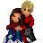 Pixel art of two figures embracing, one with long brown hair in blue jeans and red jacket, the other with short blonde hair in black pants and red shirt, against white background.