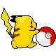 Pixelated yellow Pokémon character with brown stripes and red cheeks holds a red-and-white Poké Ball, transitioning through three distinct ball states