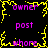 Pixelated text words 'owner', 'post', and 'whore' arranged in a pattern with yellow border on black background