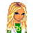 Pixel art contact sheet showing a blonde female character in green and white outfit with blue jeans, holding a green handbag across multiple frames including full-body, torso, legs, headshot, and name text.