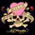 Pixelated skull with pink heart and banner, red eyes, crossed bones, yellow accents on dark background.