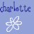 Pixelated blue text 'charlotte charlotte' above a white pixel-art flower on light blue background