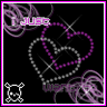 Animated icon with black background, purple and white hearts, pink text reading 'I just want to be happy', small skull icons, and swirling patterns.