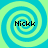 Four identical spiral patterns with alternating cyan and light green rings, each containing the text 'Nickk' in black pixelated font.