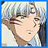 Pixelated static image of a character's face with light brown hair and closed eyes, set against a blurred background within a blue border.