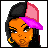 Pixel art of a character with orange skin, black and pink hair, wearing a pink cap, black top, and pink shorts, with text below.