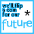 nine pixelated with blue and black text on white backgrounds, displaying variations of 'we'll flip a coin for our future' and 'heads: we'll be together tails: we'll flip again' with star or heart symbols