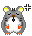 Pixelated hamster-like character with gray body, white belly, orange feet and ears, brown nose, black eyes, and red mouth detail on left; right side shows open eyes.
