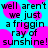 Pixelated text repeats 'well aren't we just a friggin ray of sunshine!' over cyan background with pink circles.