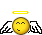 Pixelated yellow circular face with closed eyes and a small smile, white wings on both sides, two horizontal yellow halos above the head in different positions.