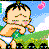 A 4-frame animated contact sheet showing a cartoon baby in various poses against a grassy field and blue sky background with pink flower petals.