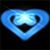 Pixelated blue heart-shaped icon with black eyes and mouth on a black background, featuring a bright white highlight at the top center.