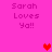 Pixelated pink background with repeated text "Sarah Loves Ya!!" and red heart symbols in different positions across frames.