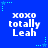 Blue background with white text reading 'xoxo totally Leah' repeated six times in a , surrounded by light blue star and dot patterns