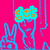 A vibrant pink background with blue line-drawn figures making peace signs, displaying text 'got your pic' in cyan and orange lettering.
