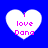 Four white heart-shaped icons with pink text "i love Dara" on a blue background, arranged in a
