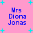 Pink background with cyan plus signs and four identical text blocks reading "Mrs Diona Jonas" in blue pixelated font.