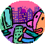 Animated circular icon shows a cartoon character with pink hair and orange skin typing on a green keyboard, with cityscape backgrounds changing from pink sunset to purple night to blue day.