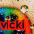 six identical cartoon-style images showing a character with rainbow hair and large eyes, each featuring the name "vicki" in bold black text on a colored background