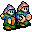 Pixel art of four identical cartoon characters in green shirts and orange pants, each with a pink hat and black mustache, arranged side-by-side.