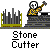 Pixel art animation of a stone cutter character with a skull face, yellow checkered shirt, and gray pants, holding a hammer in two sequential poses against a stone quarry background.
