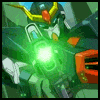 A green and orange mecha with yellow accents fires a bright green energy blast from its chest, transitioning through of animation