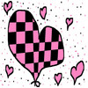 A static icon features two large interlocking hearts with a pink and black checkered pattern, surrounded by smaller solid pink hearts on a white background with scattered black and pink dots.