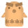 Pixelated cartoon character with light brown body, dark brown eyebrows and mouth, small black eyes, and a yellow bird on its head.