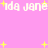 Pixelated pink background with repeated white text 'ida jane' and yellow star shapes scattered throughout.