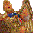 Pixelated figure with brown hair styled in two tall points, wearing a blue bow tie and multicolored patterned clothing against a gray background.