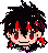 Pixelated chibi-style character with black spiky hair, red accents on forehead and ears, brown eyes, and a neutral expression against gray background.