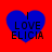 Four blue heart shapes on red background with black text "I LOVE ELICIA" inside each heart, varying in pixel clarity.