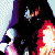 Pixelated animation of a figure with dark hair and glowing eyes, surrounded by red-orange flames against a light blue background, displaying text changes.