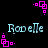 Pixelated cyan text 'Roxelle' appears in four positions on a black background, surrounded by pink square-based corner decorations.