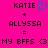 Pixelated text and symbols on bright pink background with blue heart icon, showing 'KATIE' plus 'ALLYSSA' equals 'MY BFFS <3'