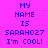 Pixelated text on a bright purple background with yellow highlight bars, displaying 'MY NAME IS SARAH027 I'm COOL!' in blue and white.