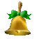 Golden bell with green bow, brown loop top, and metallic sheen on gray background.