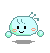 Four pixelated light blue characters with black eyes, orange cheeks, and green antennae float against a gray background; each has distinct arm positions.