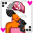 A 4x4 contact sheet of pixel art frames showing a cartoon character in various poses and text variations, with pink hearts at corners and black-and-white checkered patterns on the top-left corner of some frames.