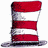 A red and white striped hat with a gray brim appears above a blue background featuring text and an illustration of a cat wearing the same hat.