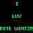 Green pixelated text and white rectangles on black background with repeated 'PETE WENTZ!!' and 'LUV' text elements.