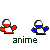 Pixelated character with red-white-blue color scheme in various poses, some with yellow lightning effects, all labeled 'anime' below.