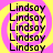 A static image with repeated text "Lindsay" over a yellow and pink spiral background.