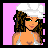 Pixel art contact sheet showing a female character in swimwear across multiple frames with text panels below, set against pink background.