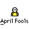 Animated contact sheet of a yellow stick figure character performing various April Fools' actions with text bubbles and repeated "April Fools" labels across 15 frames.