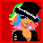 Pixel art contact sheet of four frames showing a stylized character with rainbow hair, black hat, fishnet stockings, and pink skirt holding a bag with 'FJ' logo against red background.