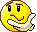 Yellow circular face with black eyes and brown eyebrows, hand covering mouth in a laughing gesture