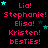 Pixelated text list of names and 'besties' with cyan stars on black background, animated star positions across frames.